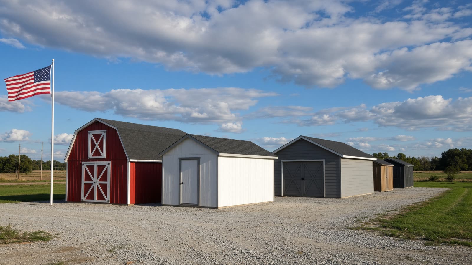 Portable buildings lined up on the Sheds on 61 lot